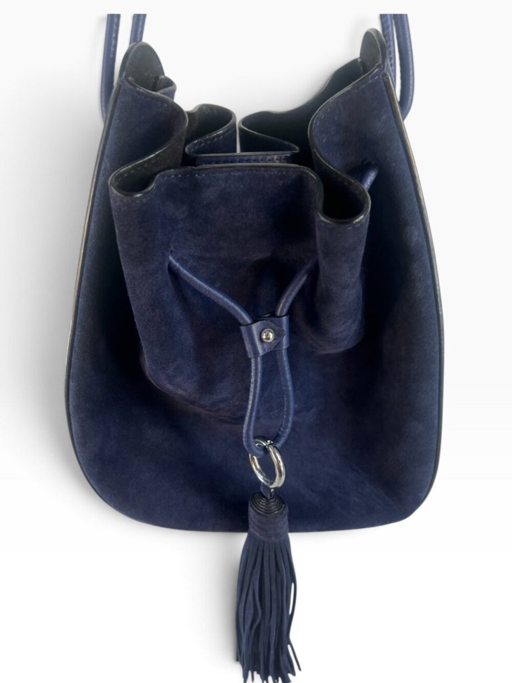 Rebecca Minkoff Suede Leather Drawstring Bucket Crossbody Tassel Bag Navy